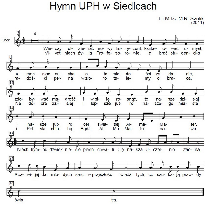 zdjęcie przedstawia zapis nut hymnu UPH