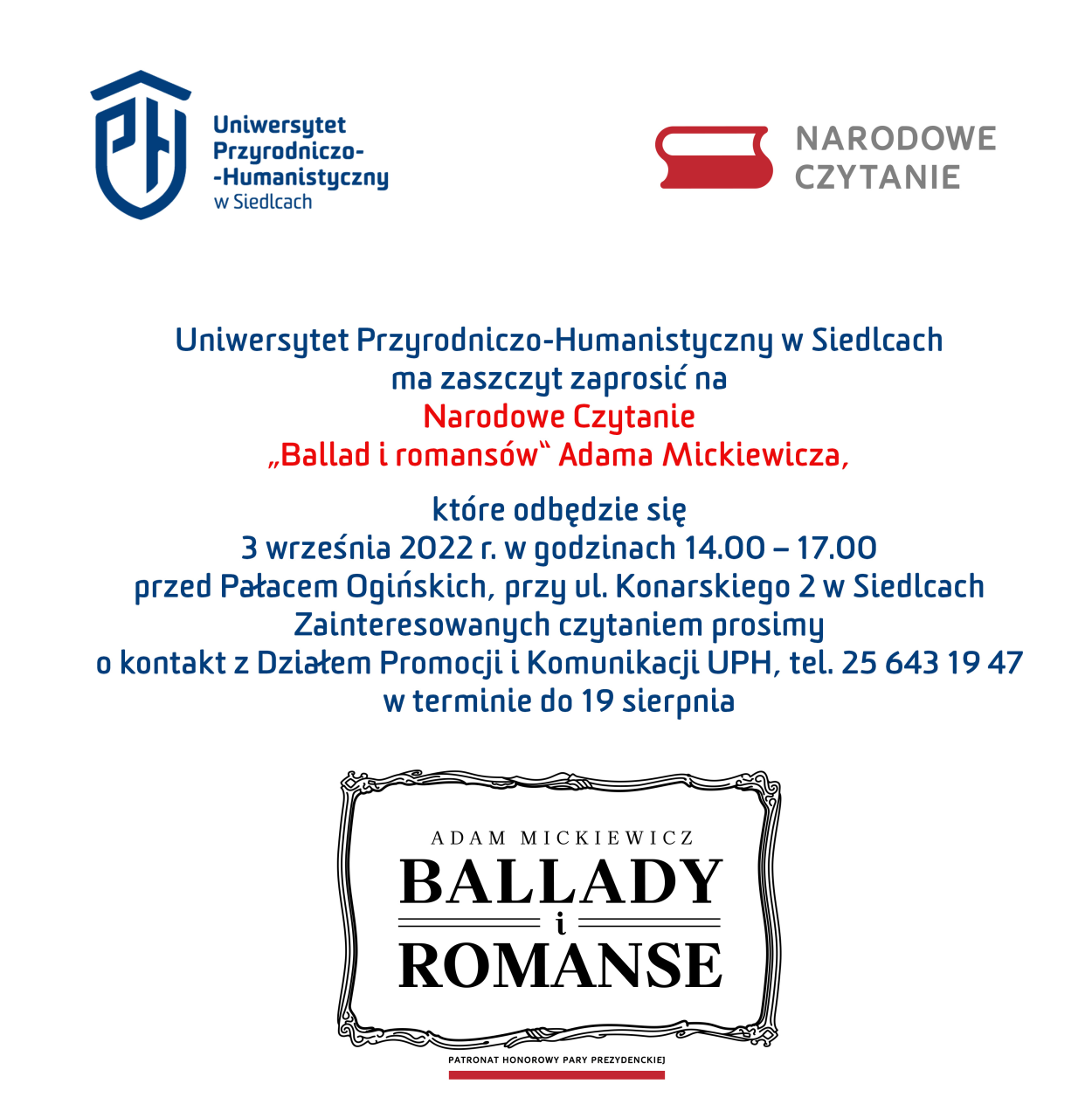 Zapraszamy na Narodowe Czytanie "Ballad i romansów" Adama Mickiewicza, które odbędzie się 3 września br. przed Pałacem Ogińskich, w godz. 14.00-17.00.